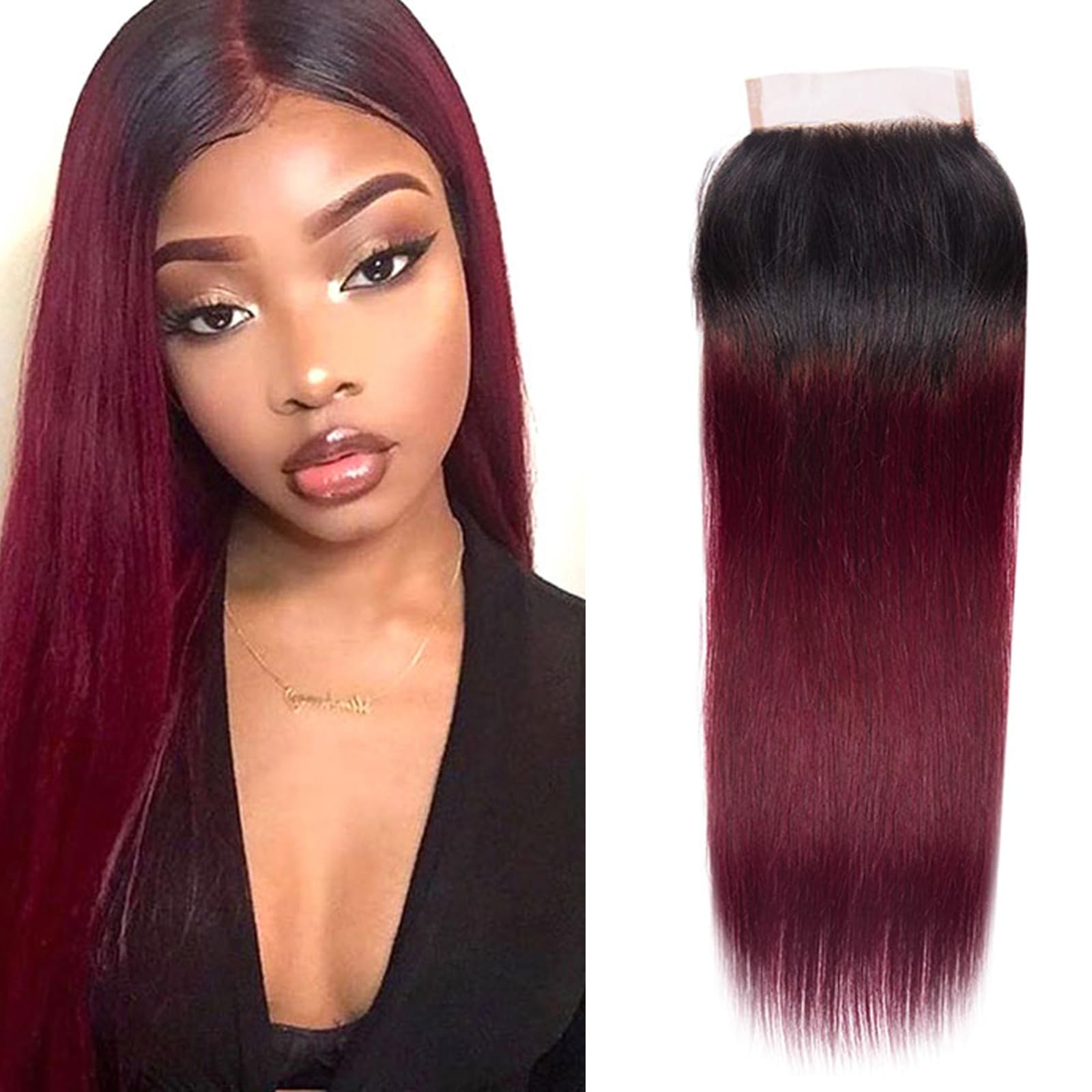 Brazilian Ombre 1B 99J Straight 4x4 Lace Closure 100% Unprocessed Human Virgin Hair Red Wine Pre-Plucked Hairline 2 Tone 1b/99j Front 1B Burgundy Closure 18 Inch