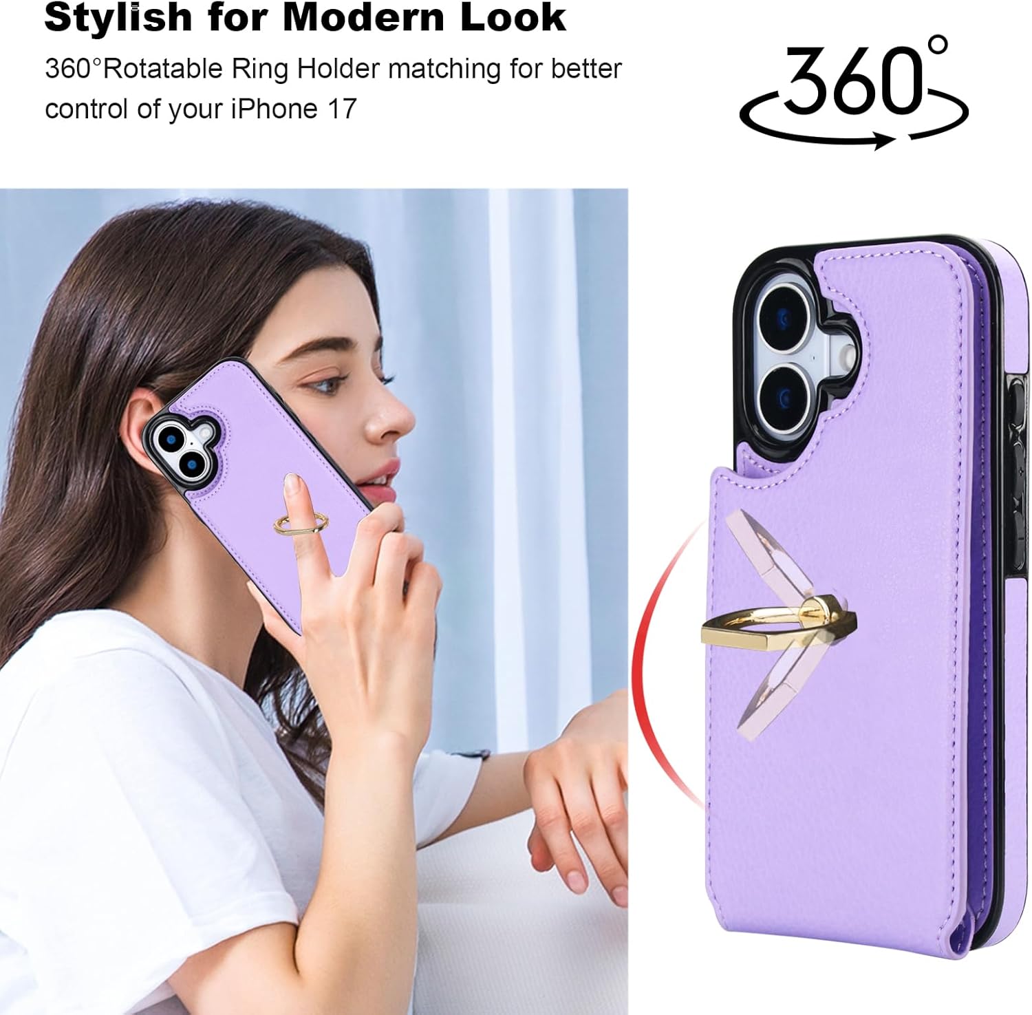 Folosu Compatible with iPhone 17 Case Wallet with Card Holder, 360°Rotation Finger Ring Holder Kickstand, RFID Blocking Leather Protective Double Buttons Shockproof Cover 6.3 Inch Purple - Image 3