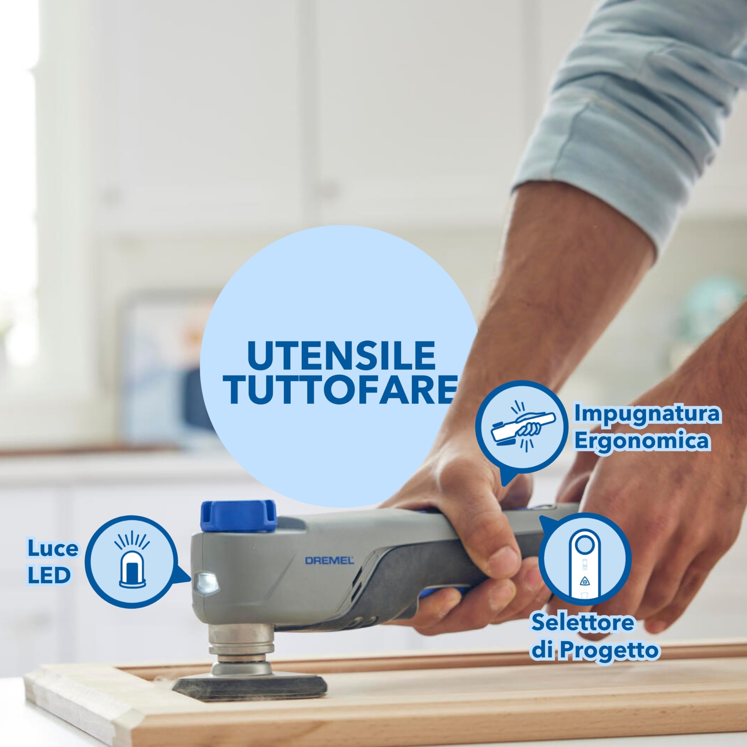 Dremel Blueprint Utensile Multifunzione Oscillante Brushless 12V, Selettore Applicazioni e Velocità con Lama da Taglio e Raschiatura, 6 Fogli Abrasivi, Tampone di Levigatura, Caricabatterie+Batteria