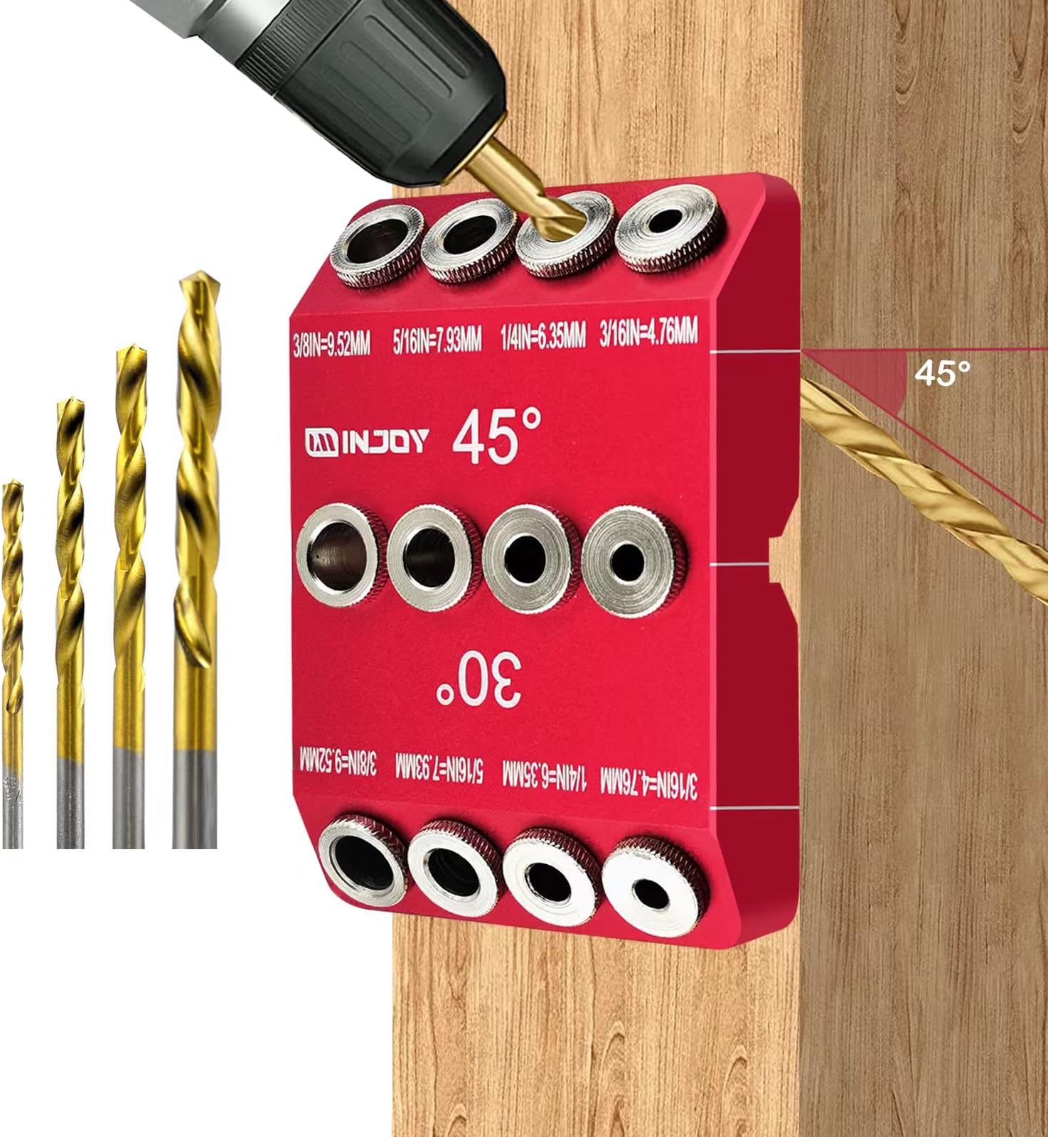 XDOVET 30 45 90 Degree Angle 4 Sizes Drill Jig with 4 Drill Bits for