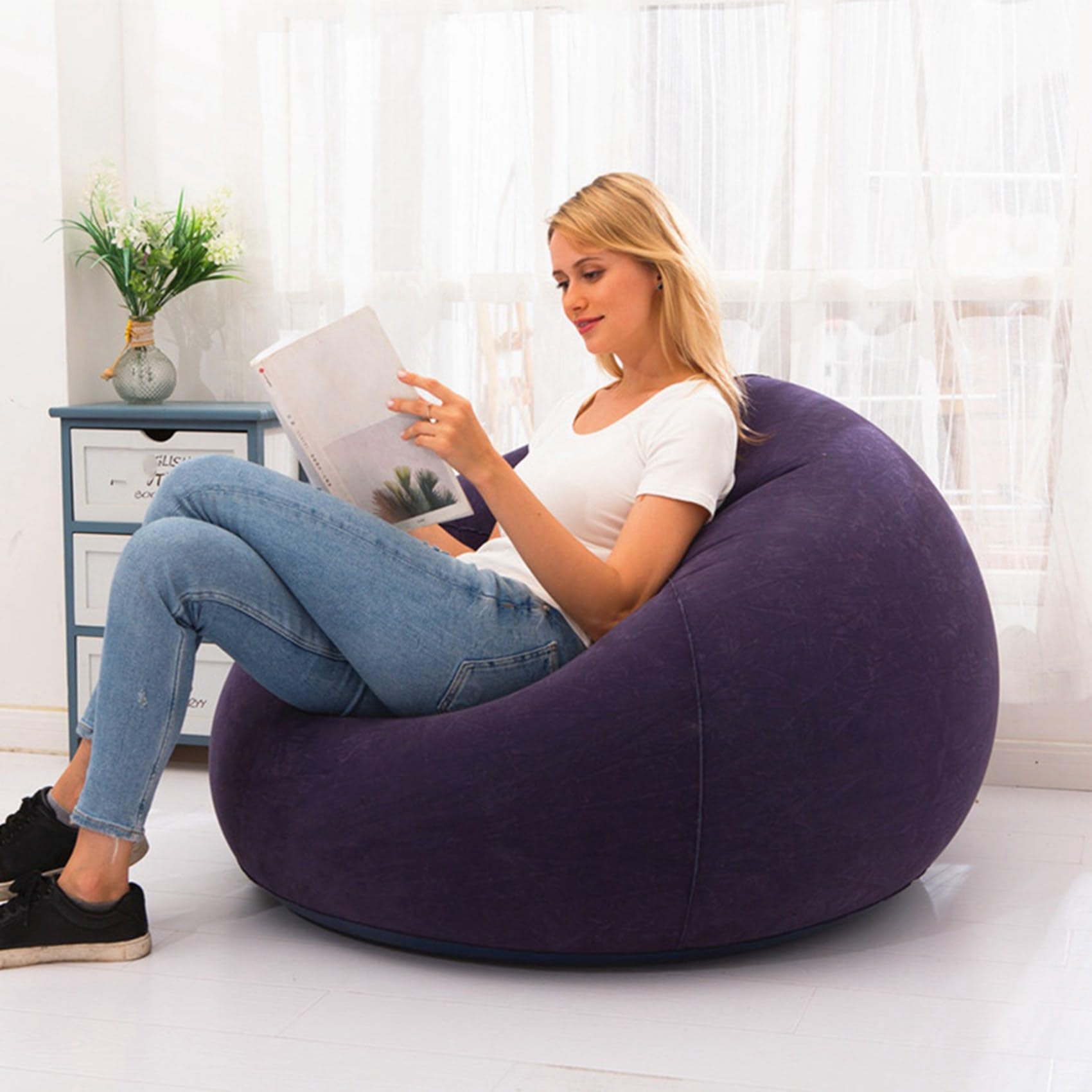 Lot de 3 grands poufs gonflables en PVC floqué pour jardin, salon, mobilier d'extérieur, camping, randonnée (A)