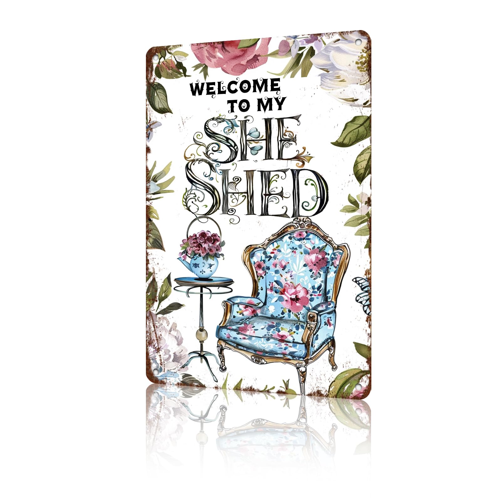 Anceky Funny Sign Welcome To My She Shed Metal Tin Sign Vintage Wall Decor for Garage Yard Home Bedroom Kitchen 12×16 Inch