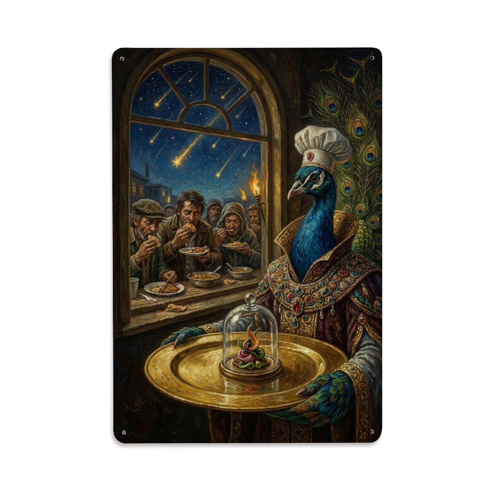 Retro Surreal Vintage Animal Peacock Vanity Dinner Satire Metal Tin Sign Plaque Wall Decor for Cafe, Man Cave, Club Bar, Office, Home Garden Round Metal Poster 8x12Inch