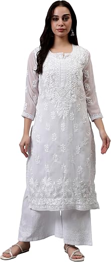 Seva Chikan Hand Embroidered Lucknowi Chikankari Georgette Women's Kurta with Inner Slip SCL4526