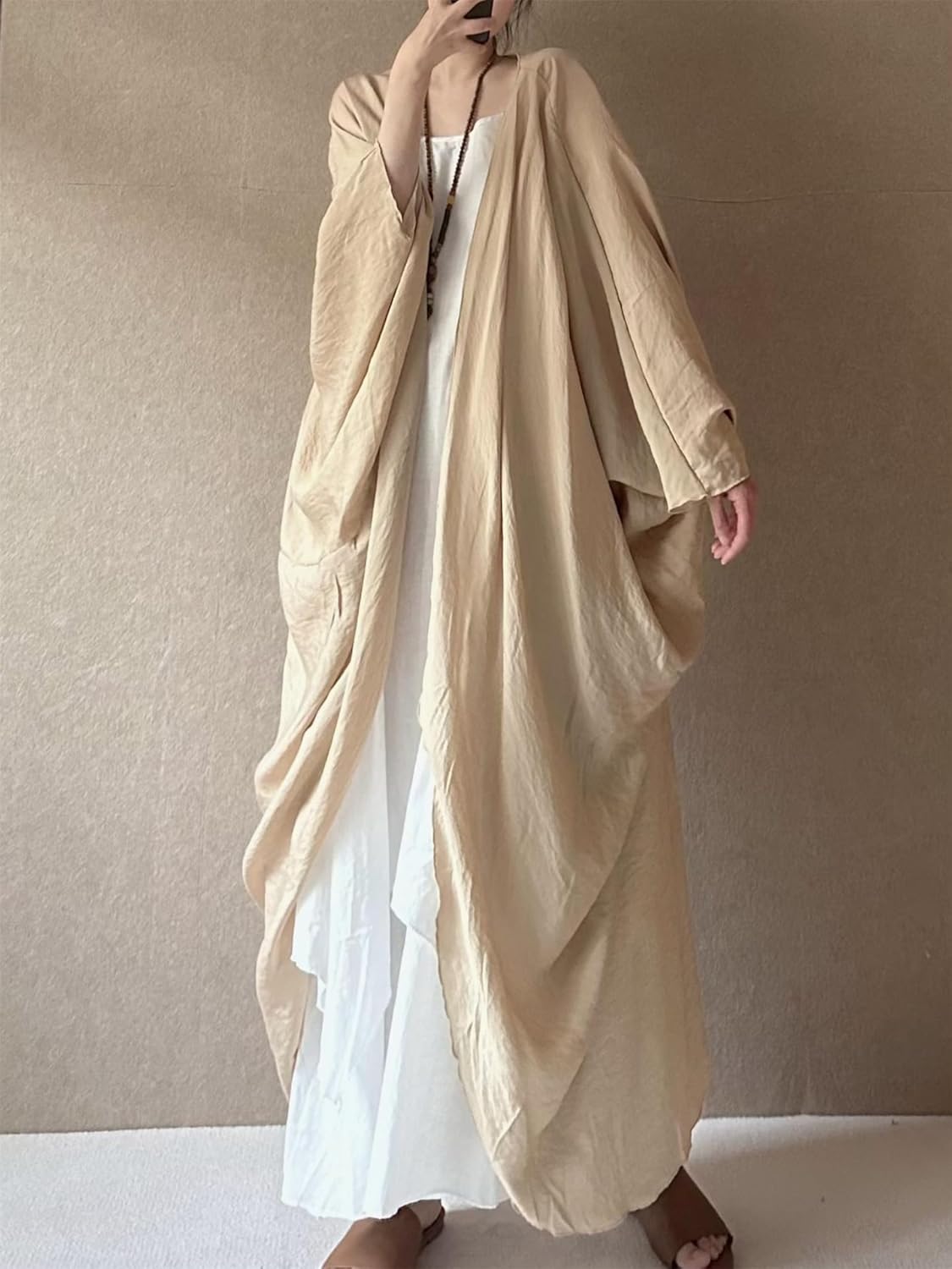 PRINCESS BRIDE Literary Painter Cotton Linen Women Lightweight Open-Front Long Cardigans Flowy Loose Outerwear Drapey Trench Coats, One Size, Beige - Image 4