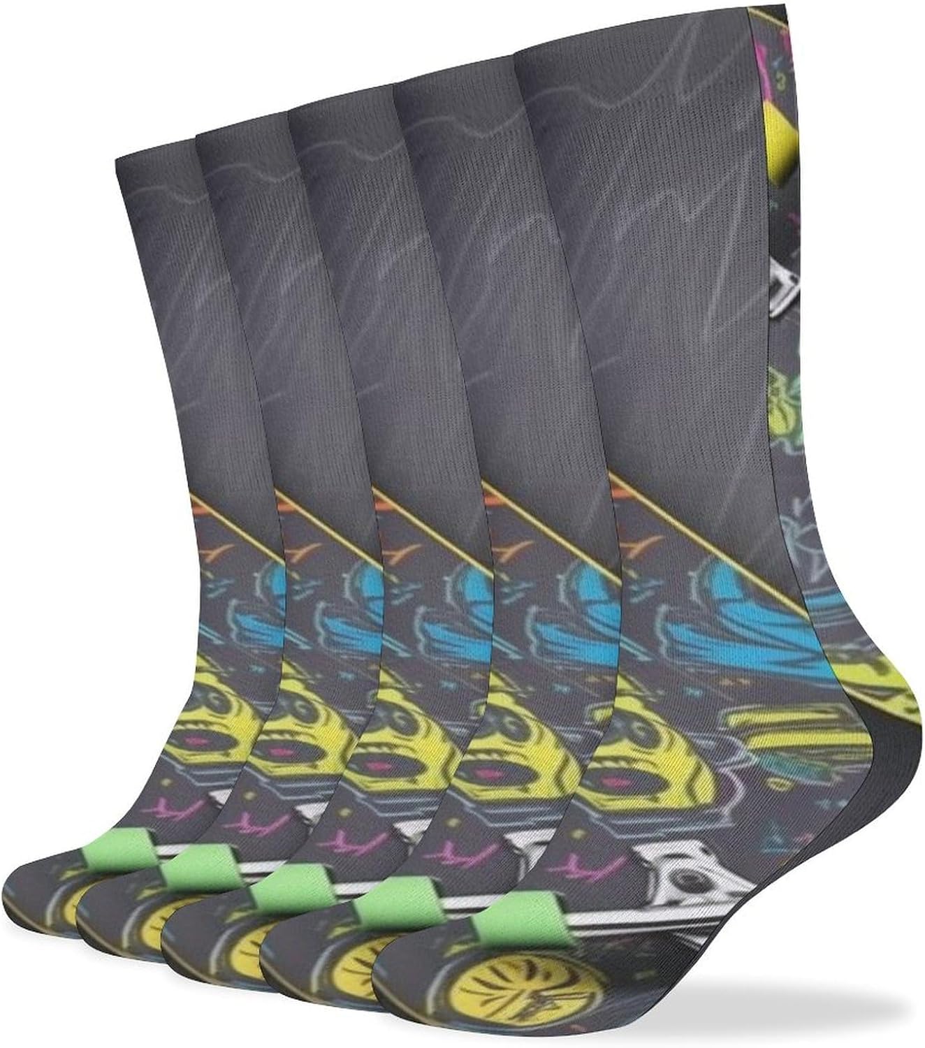 5 Pairs Knee High Socks Graffiti Skateboard Long Tube Boot Seamless Toe