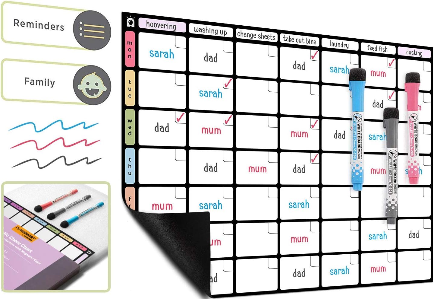A3 Magnetic Dry Wipe Chore Chart Whiteboard *Colour Version* - Weekly Task/Family Organiser Board by Plan Smart - Bonus: 3 Quality Dry Erase Markers with Eraser Included