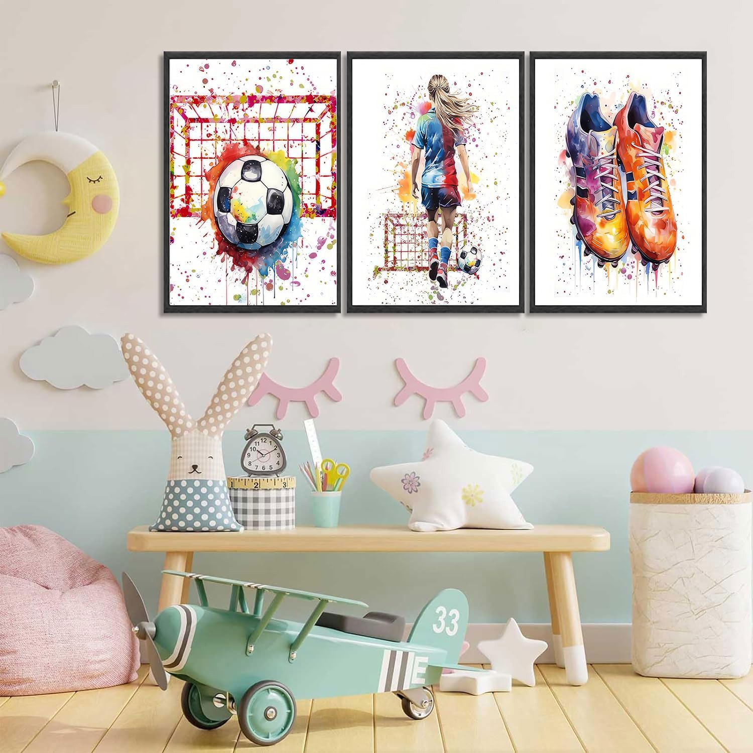 3Pcs Girl Graffiti Soccer Canvas Wall Art Colorful Sneakers Posters Prints Wall Decor Pictures Sports Theme Football Painting for Bedroom Girls Room Teen Kids Playroom Artwork Home Decoration Unframed