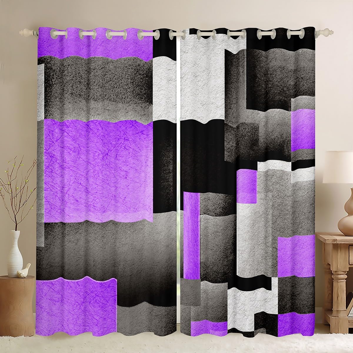 Cortinas geométricas para dormitorio infantil o sala de estar en tonos gris y morado abstractos