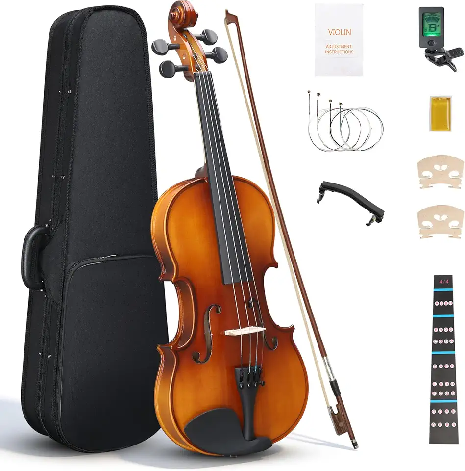 Ktaxon Conjunto de violino de madeira maciça 4/4, tamanho completo para iniciantes e adultos, kit de iniciante feito à mão inclui arco, resina, ponte, descanso de ombro, cordas extras e estojo (brilho