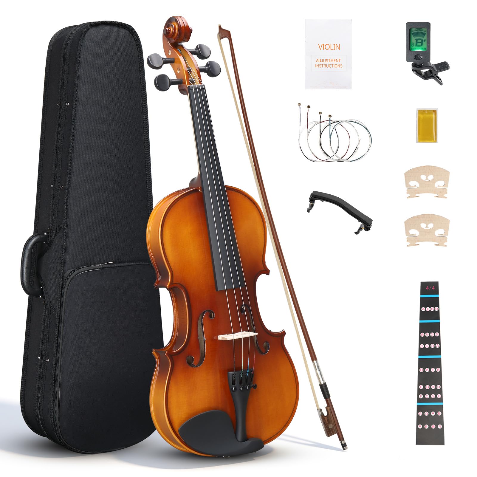 Ktaxon Violín 4/4 de madera maciza, juego de violín acústico de tamaño completo para principiantes y adultos, kit de iniciación hecho a mano que incluye arco, colofonia, puente, soporte para hombro