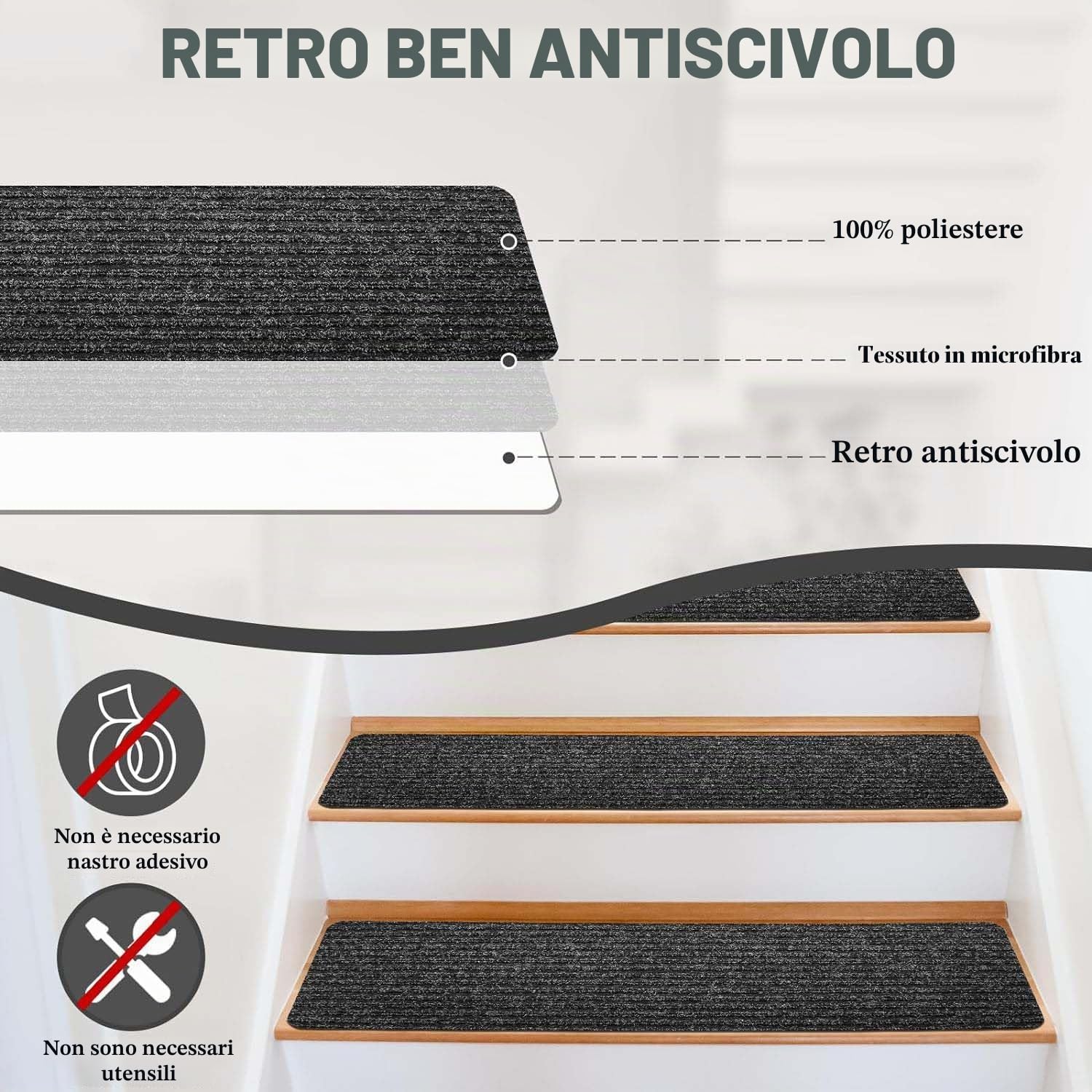 15 Pezzi Tappetini per Gradini, Tappetino per Scale Autoadesivo Antiscivolo per Interni, Tappetino per Scale per Bambini, Anziani e Animali Domestici, 60x20cm (Grigio Scuro)