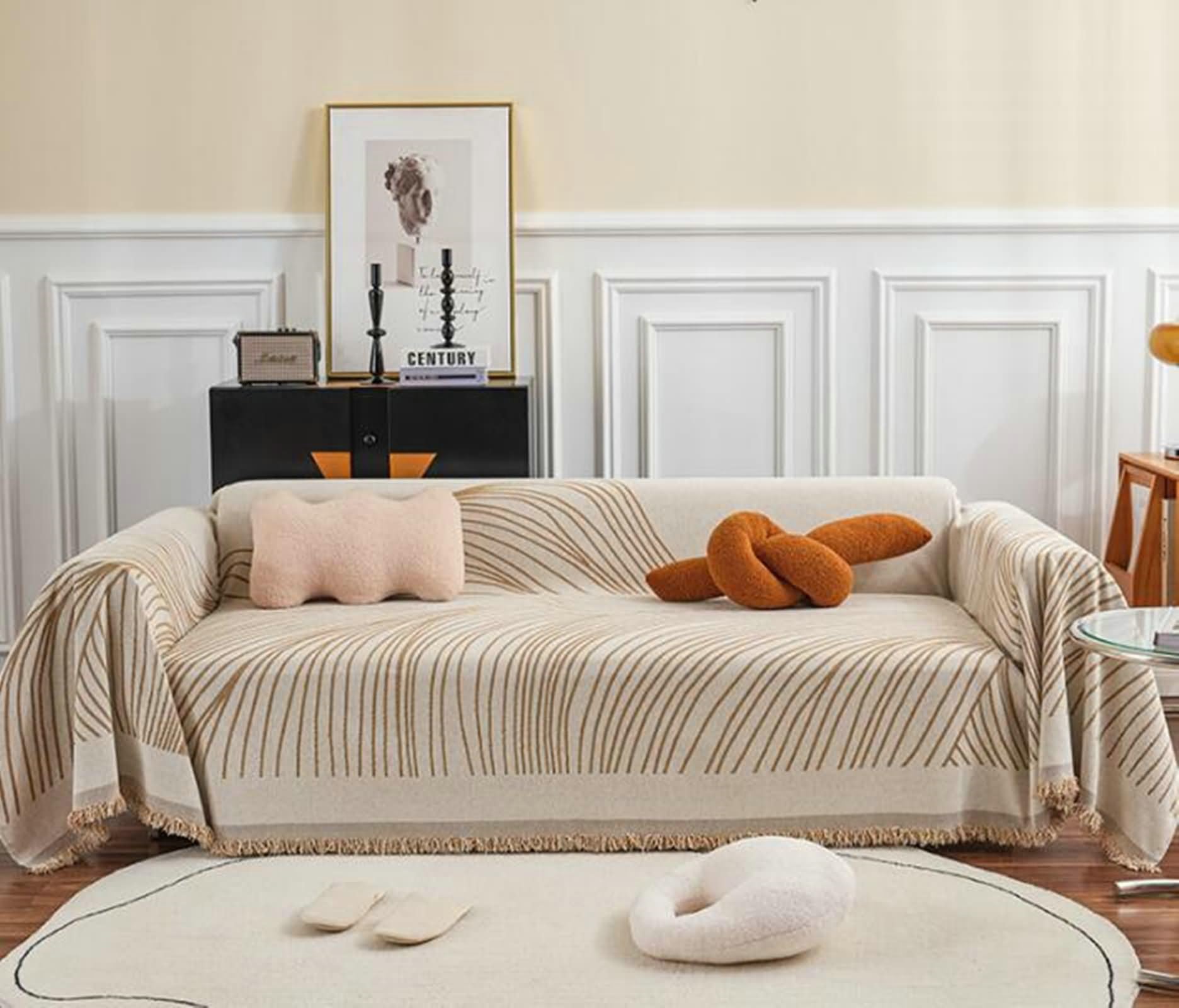 Housses de Canapé Housse Canapé Couleur Kaki Housse De Canapé Lit 4 Places Chenille Motif À Rayures Housse Canapé Angle