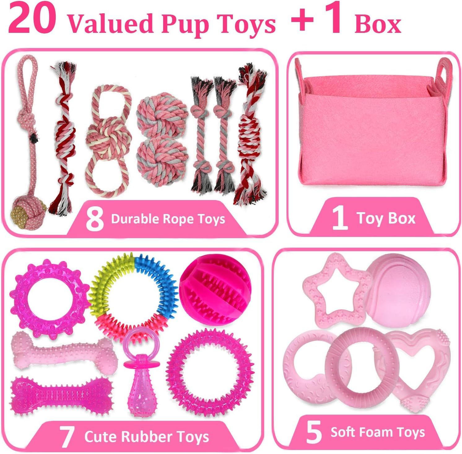 Puppy Toys Set - 20 Pack Pink Dog Chew Toys for Teething Small Breeds - Tough Rope Toys for Puppies, Cute Soft Rubber Toys Bundle with Basket for Girl Pets