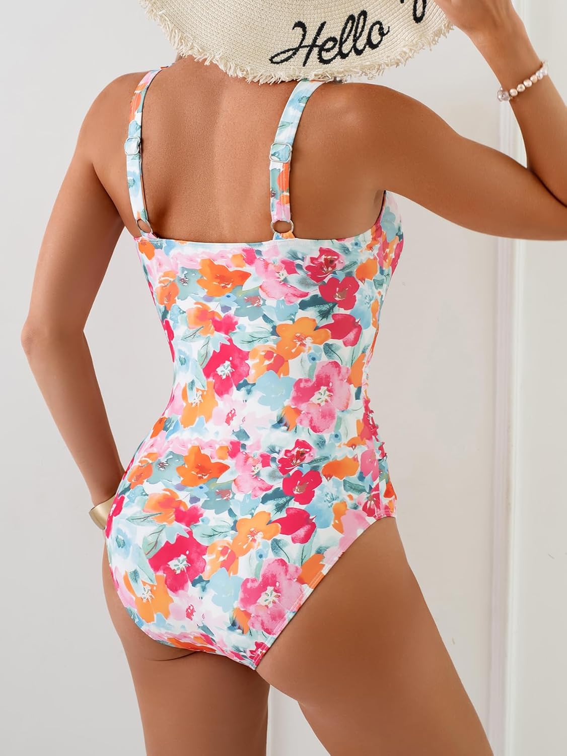 Aidonger One Piece Ruffled Plunge V Neck Bathing Suit for Women Tummy Control Swimsuit Sexy Lace Up Swimwear