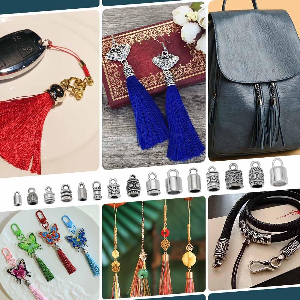 PH PandaHall 90PCS Cord End Caps 15 Styles Antique Silver Leather Tassel Cap Alloy Tube Barrel End Tip Cord Link Buckle Glue-in End Cap for DIY Kumihimo Bracelets Necklaces Jewelry Making