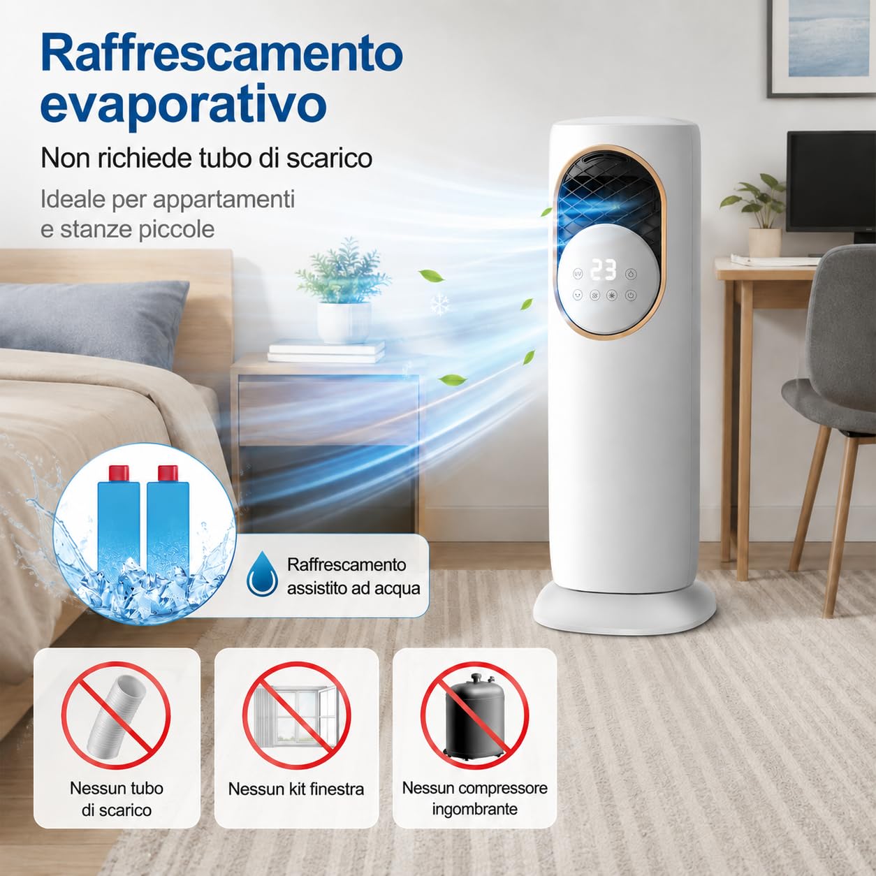 Raffrescatore d’Aria Senza Tubo Freddo/Caldo, Climatizzatore Portatile con Telecomando, Oscillazione 180°, 3 Velocità, Serbatoio 4L, per Camera da Letto, Ufficio e Piccoli Ambienti