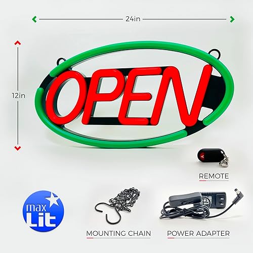 Miniatura 2 de Letrero abierto de neón con forma ovalada de tubo LED de tamaño grande -24 x 12 pulgadas (verderojo)