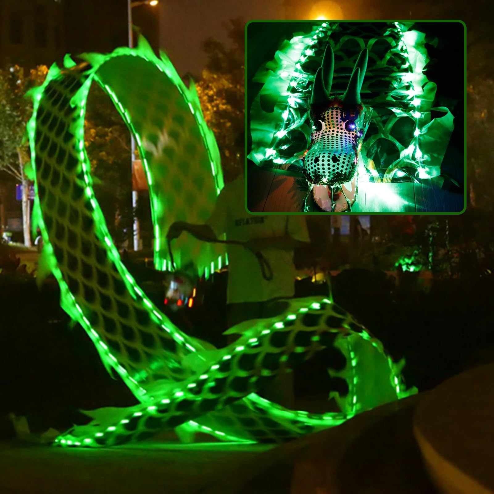 Kunovo Dragon Poi Led Dance Dragon Poi with Lights ๏ผ Dragon Head, Outdoor Sports Fitness Dragon Dance Ribbon for Night, Chinese Loong Molding Art Dance Prop Set(Green,6 m (20 ft))