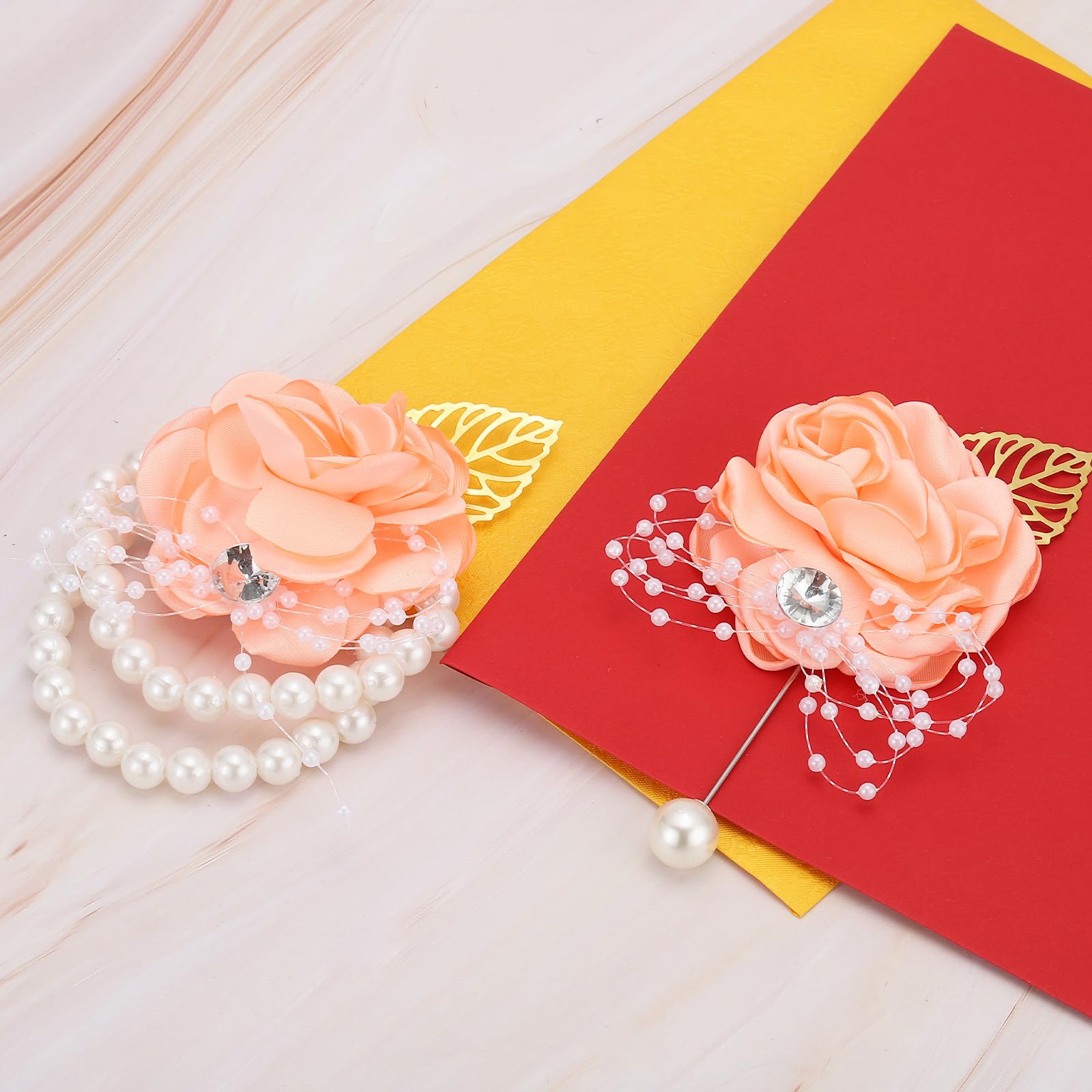 PATIKIL Rose Bridesmaid Wrist Flower, 2 Pack Artificial Rose Flower Wrist Corsage Bride Wrist Corsage for Wedding Party Ceremony Orange - Image 3