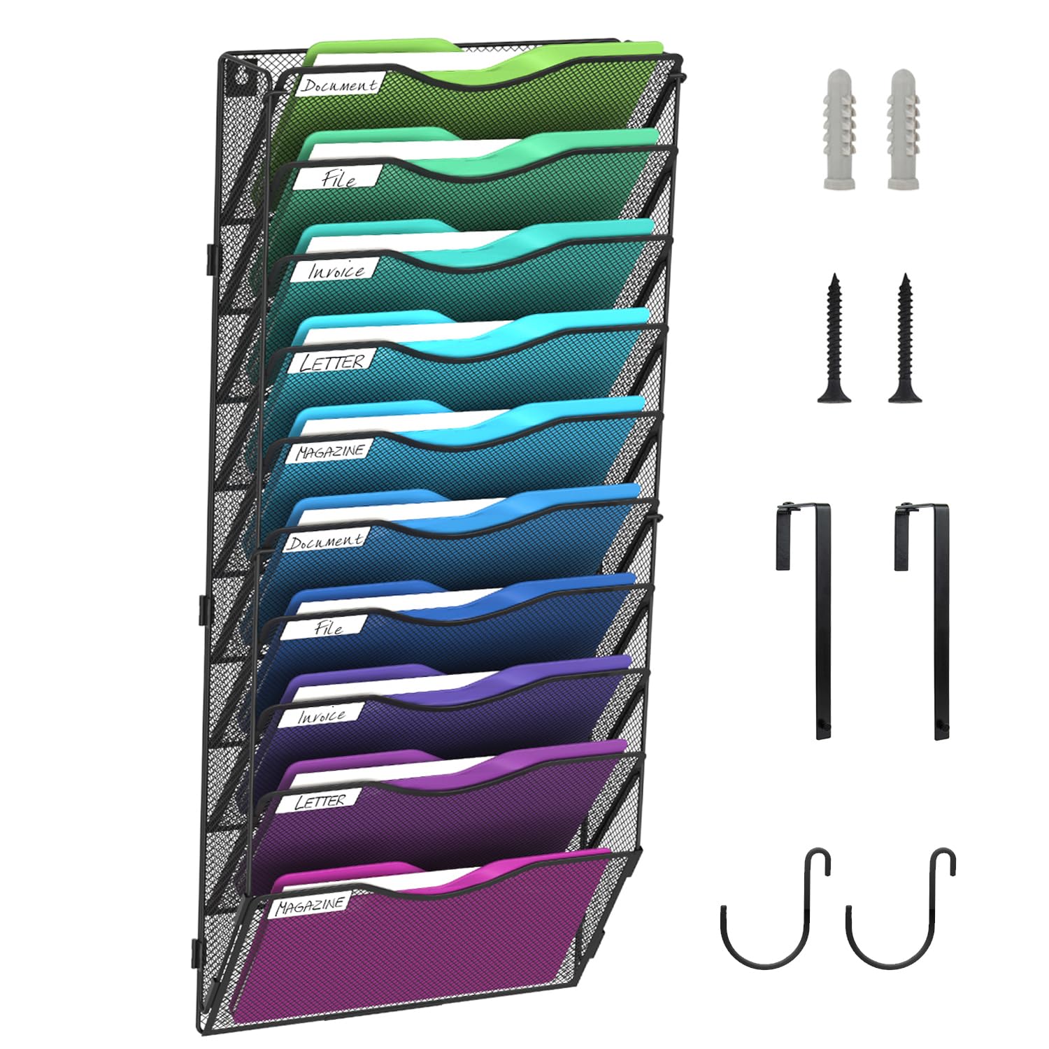 File Folder Organizer, Wall File Organizer 10 Pockets, Hanging File Organizer, Foldable Mesh File Holder with Label Panel | 2 Hooks | Wall Mount & Door Hanging for Office Home
