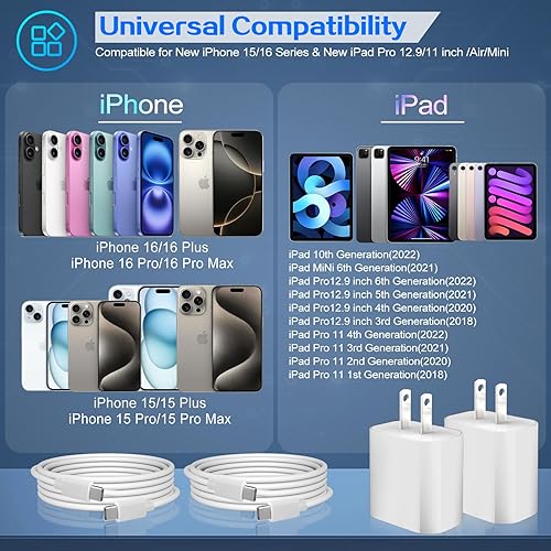 Miniatura 3 de Cargador para iPhone 17 y 16 Pro, carga rápida de 20 W, USB C, paquete de 2 cargadores rápidos para iPhone de 6 pies tipo C, cable de carga rápida