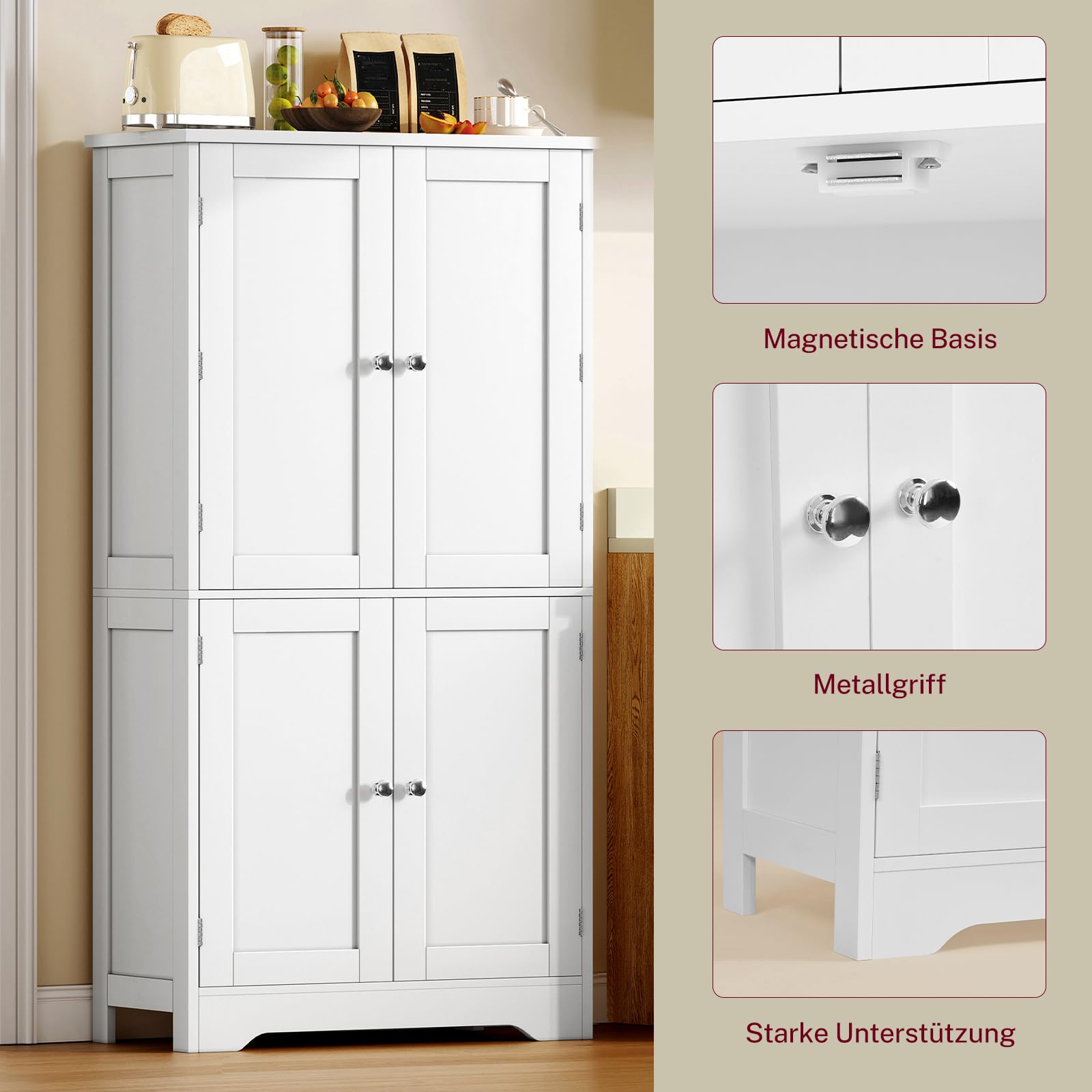 TEENFON Küchenschrank, 4-türiger Mehrzweckschrank & Buffetschrank mit 6 Einlegeböden und 2 Türfächern, platzsparender Vorratsschrank für Küche, Wohnzimmer, Esszimmer, Bad, 130 x 60 x 30 cm, weiß