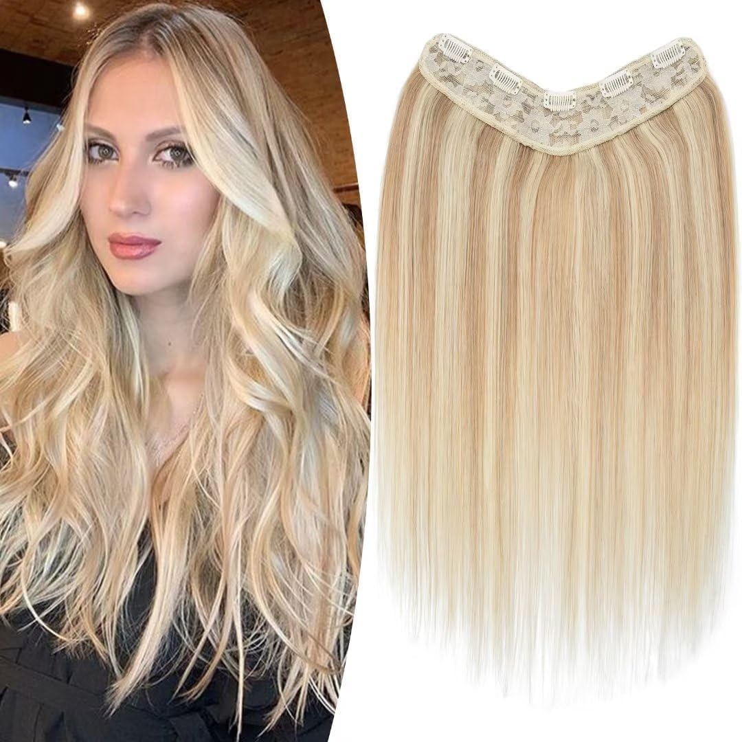 TESS Clip In Hair Extension Blonde,Hair Extensions Real Human Hair One Peice U-Shaped Balayage Straight Hairpieces for Women/Ladies/Girls(#18/613 Ash Blonde & Bleach Blonde,12Inch)