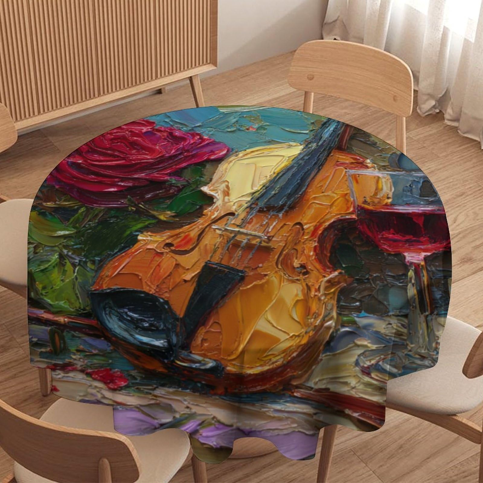 LUYYSKY Beautiful Elegant Music Theme Violin Waterproof Round Tablecloth Mid Century Retro Music Instrument Roses Floral Wine Glass Washable Table Cover for Kitchen-177.8" Wx177.8 L cm