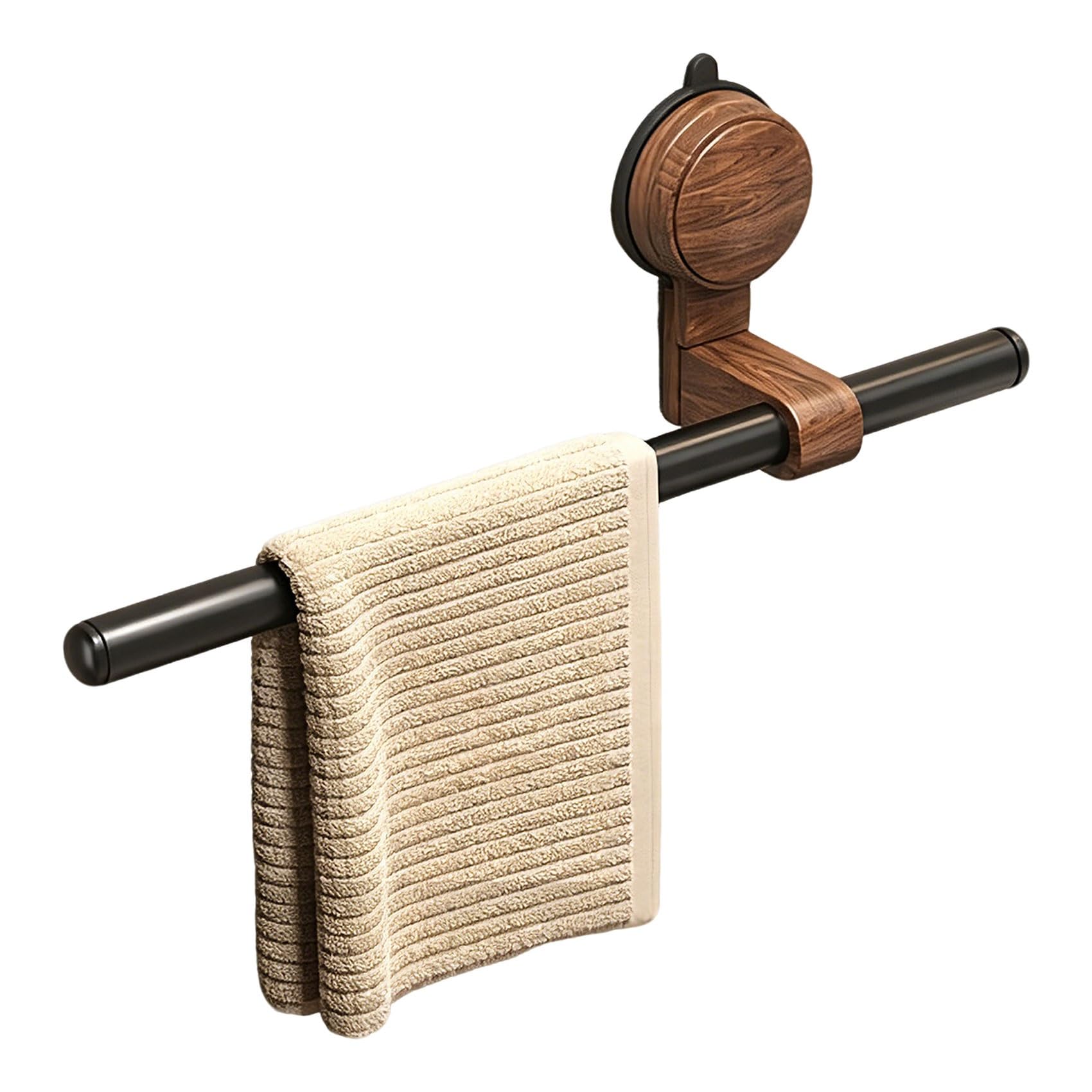 Adjustable Suction Cup Towel Bar for Wall, No-Drill Hand Towel Holder for Kitchen Bathroom, Premium Walnut Wood & Aviation Aluminum Rustproof Bathroom Hardware Set(Black,40cm/15.7in)