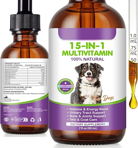 Miniatura 2 de Gotas multivitamínicas para perros, multivitamínico líquido 15 en 1 con vitamina C-20 MG, vitamina D-100 UI y B1-3 apoyo para el impulso