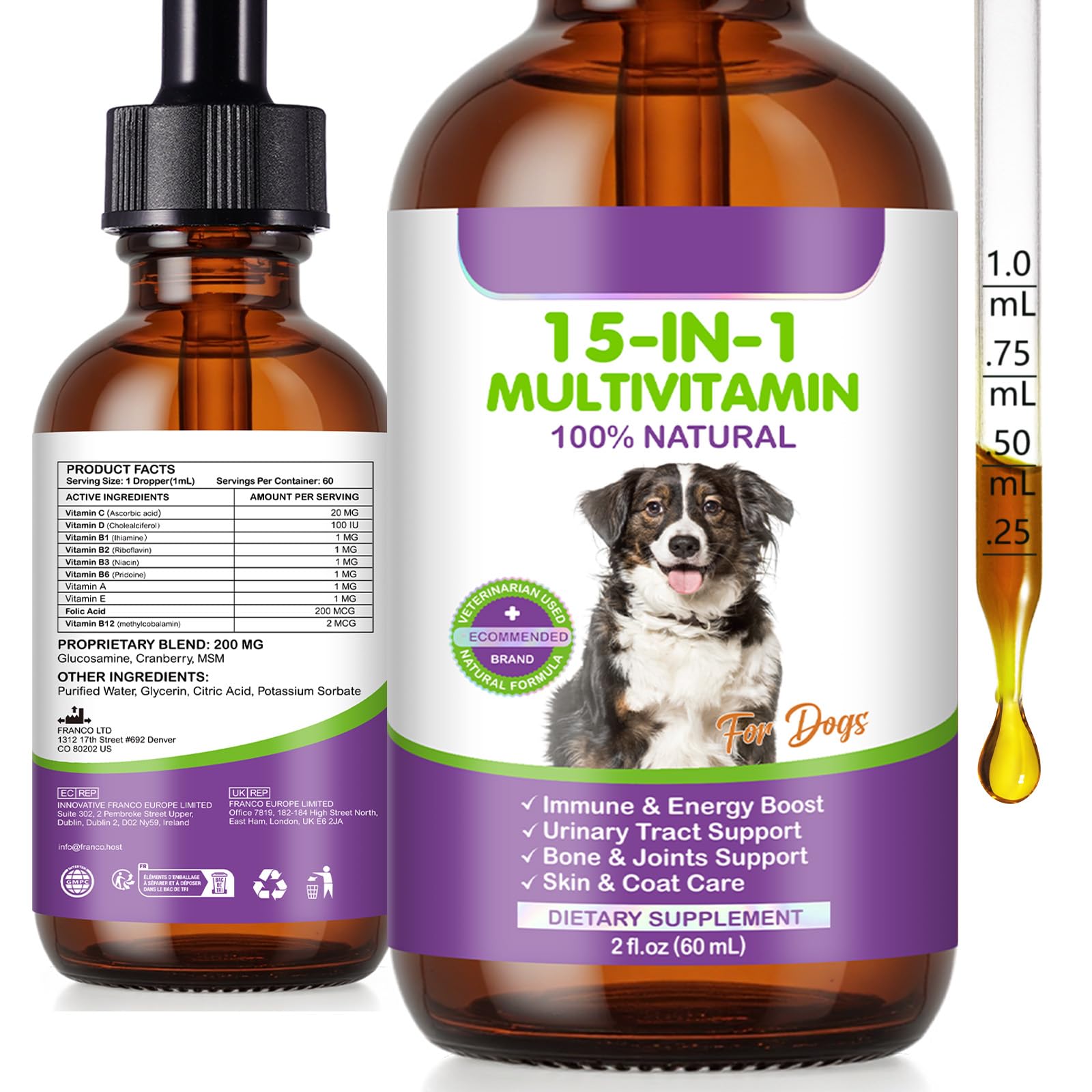 Dog Multivitamin Drops, 15 in 1 Multivitamin Liquid for Dog with Vitamin C-20 Mg, Vitamin D-100 Iu & B1-3,Dog Health Supplements for Skin Care, Joints & Hips,Gut - image 2