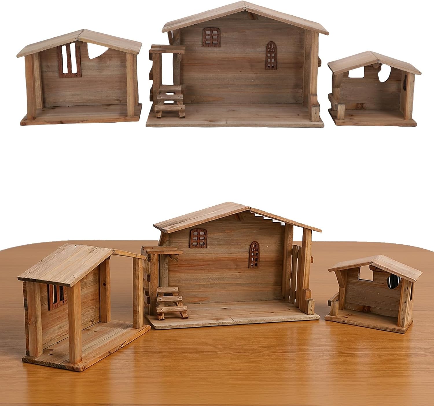TARSHYRY Nativity Xmas Wooden Stable Decor: 16 x 11 Inch Christmas Wooden Manger Creche for 7 & 8 Inch Family Figures with Stable for DIY Holiday Kitchen Table Fireplace Farmhouse Xmas Decorations