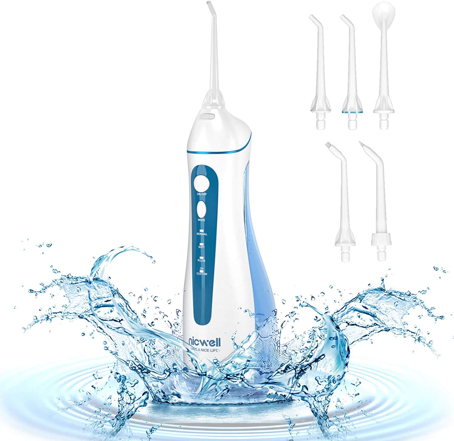 Idropulsore Dentale Portatile, Irrigatore Orale Professionale 4 Modalità e 5 Ugelli di Ricambio con rotazione di 360 °, Ricaricabile USB, IPX7 Impermeabile, Adatto a viaggio e a casa