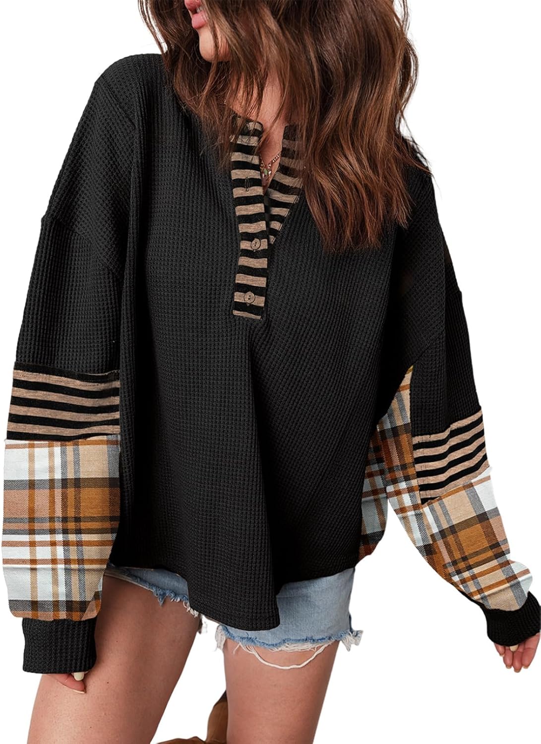 Acelitt Women Casual Color Block Long Sleeve V Neck Waffle Knit Shirts Tops,S-XXL