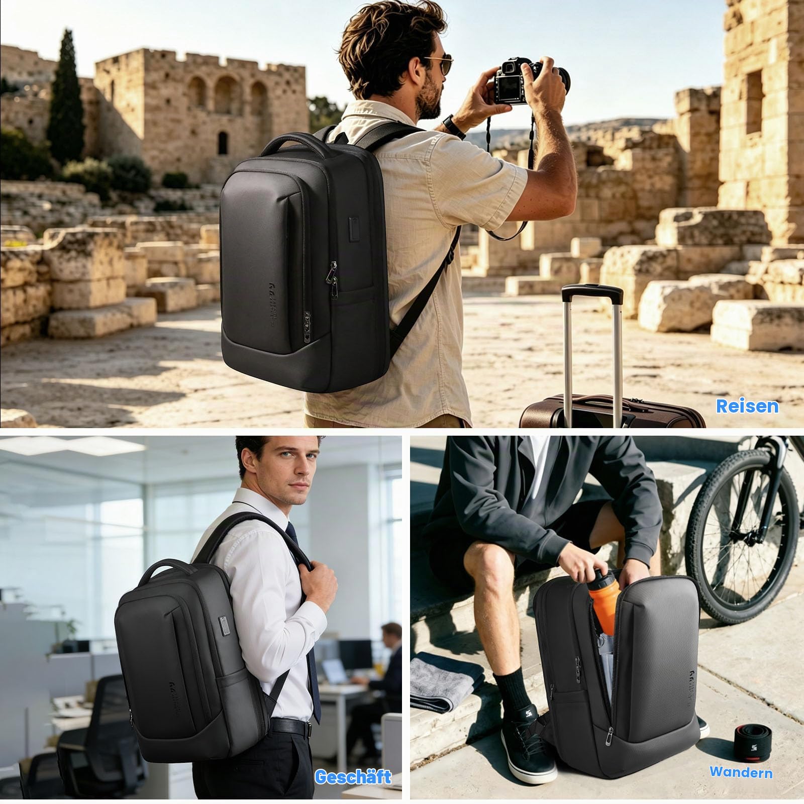 hk Business Laptop Rucksack Herren 16 Zoll 28-40L Erweiterbar | Wasserabweisender Arbeitsrucksack mit USB Ladeanschluss, Großem Stauraum für Schule, Universität und Reisen – Schwarz