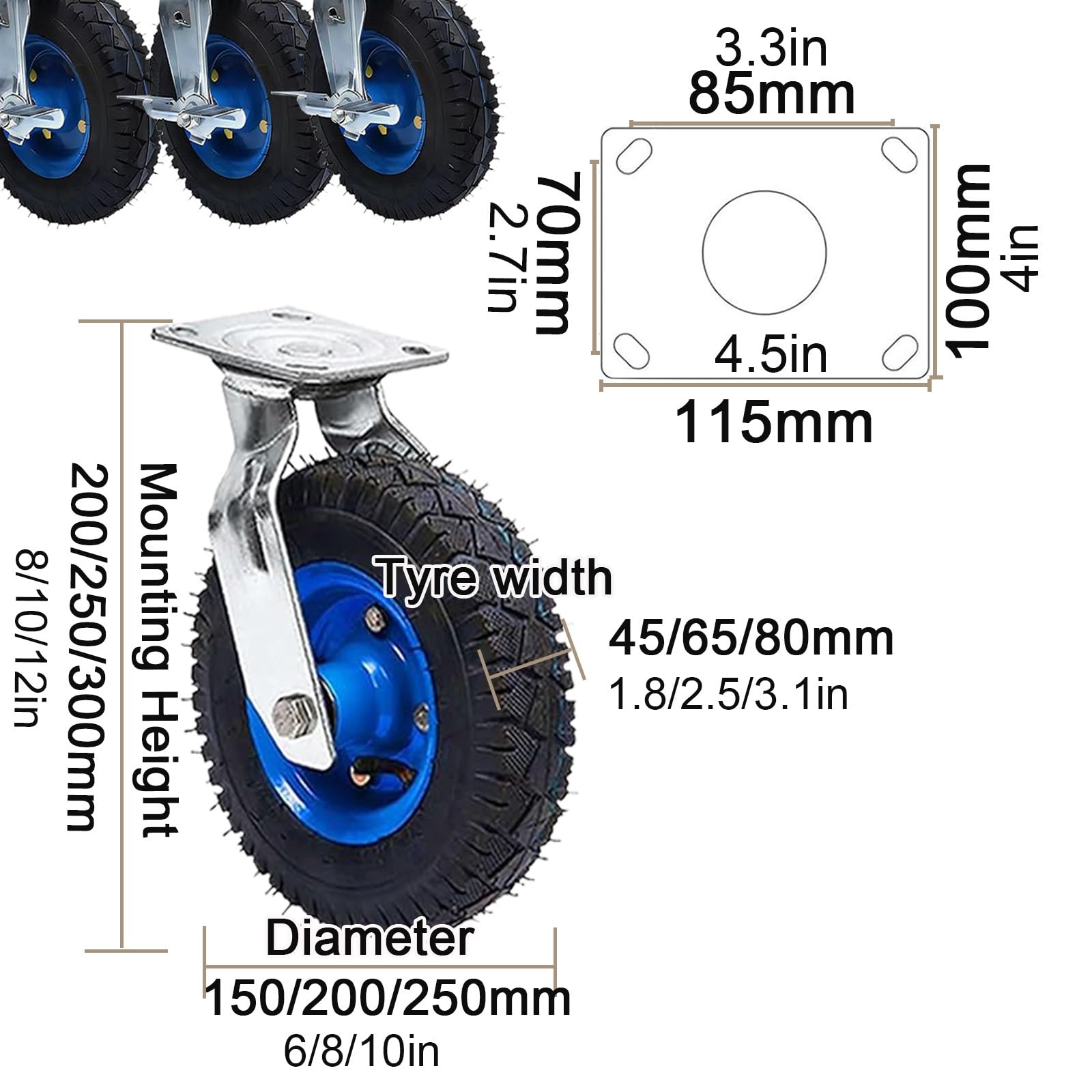 Ruote piroettanti in Gomma ad Aria per carichi Pesanti,fisse o con Freno,Confezione da 2 Pezzi,150 mm e 200 mm.Ideali per Il Trasporto di carichi Pesanti.