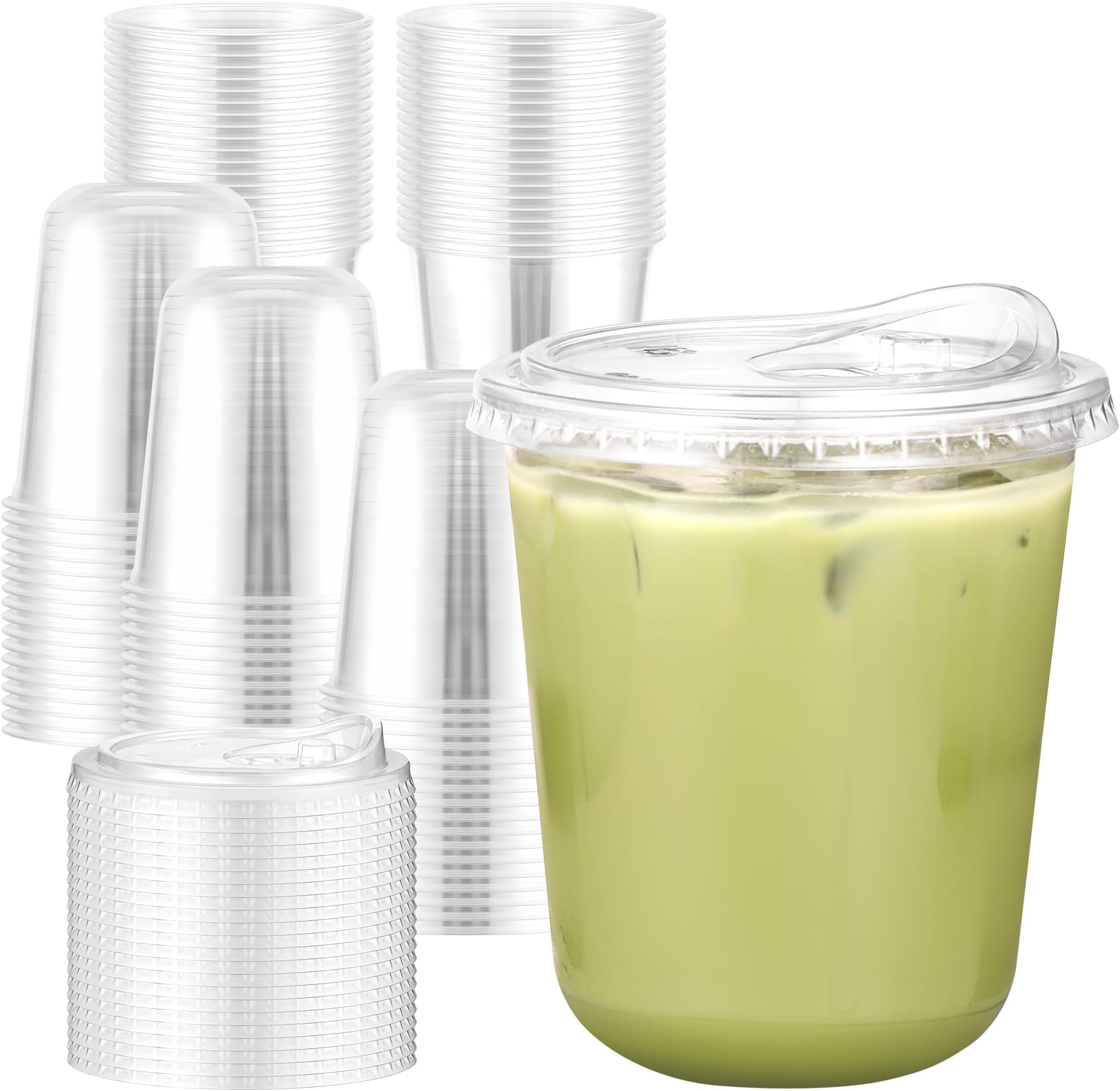 50 Pack 14 oz Clear Plastic Coffee Cups with Lids, Round Bottom Iced Coffee Cups with Lids for Drink & Coffee Shops, Party Catering