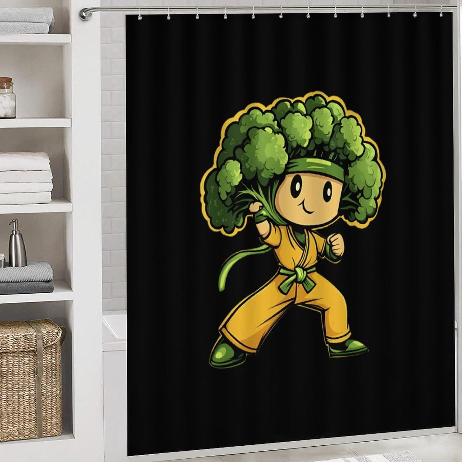 Karate Broccoli Modern Bathroom Sets with Shower Curtain and Rugs Decor 4 Pcs with 12 Hooks