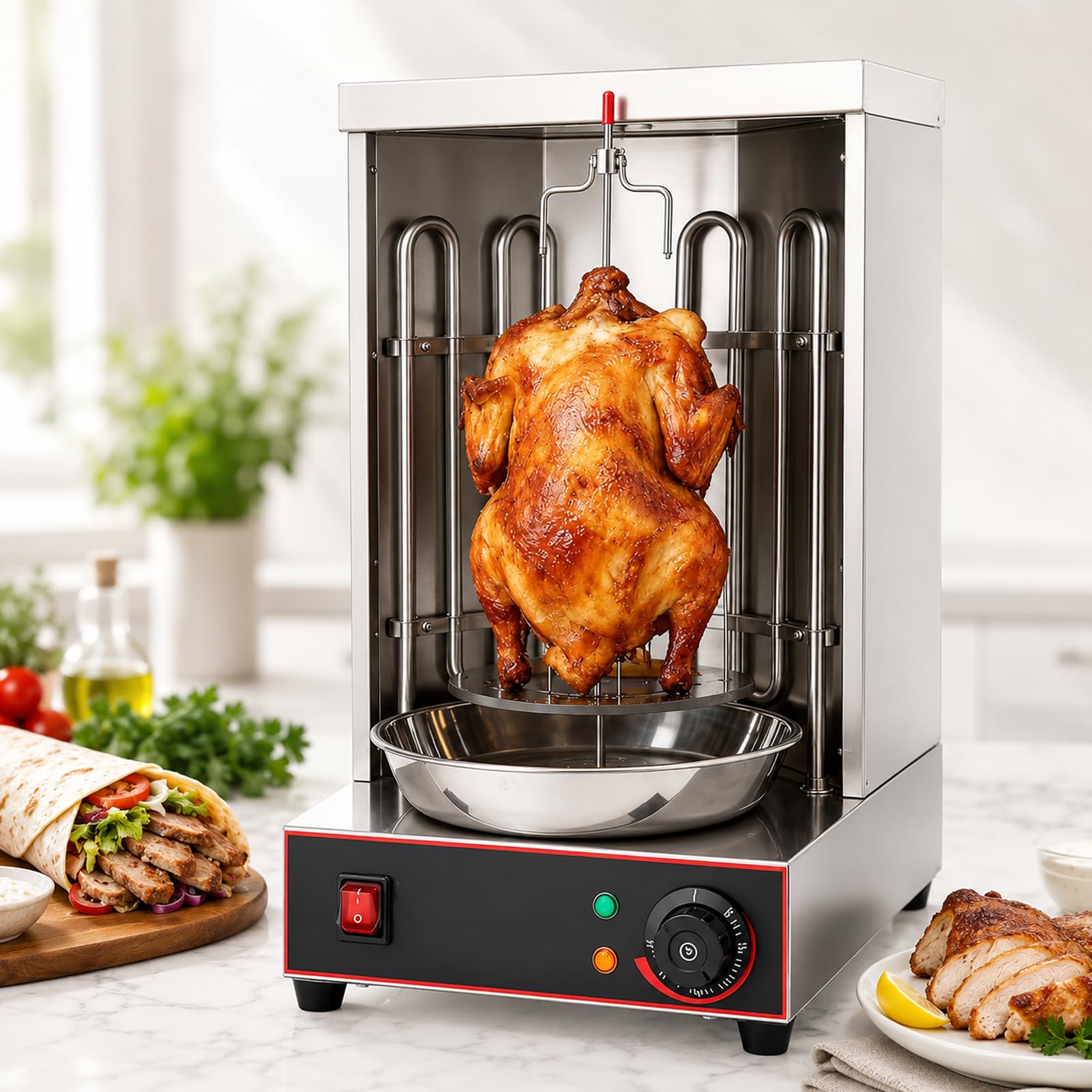 LYJIANGXIN Shawarma Grill Machine Vertical Rotisserie, Electric 2 Burner Gyro Kebab Oven, 50–300°C Stainless Steel Doner Kebab Cooker for Chicken, Beef & Lamb