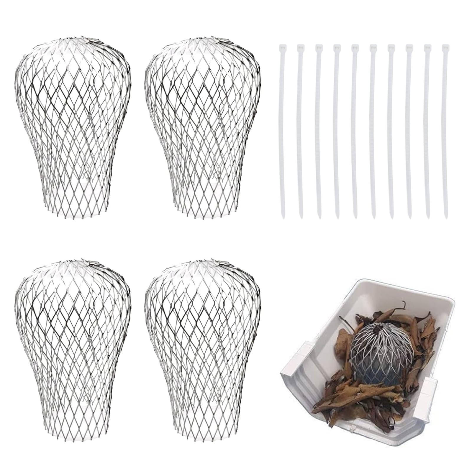 4 Filtri Grondaia In Alluminio Con 10 Fascette - Rete Antifoglie Per Tubi Di Scolo, Diametro 45-85mm - Foto 2