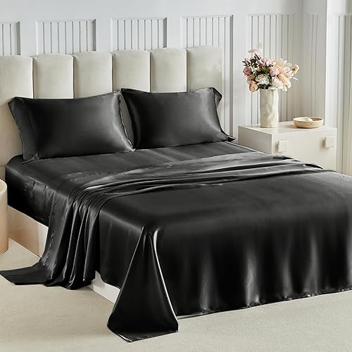 Tokokimo Sábanas de satén tamaño King de 4 piezas  16 pulgadas de profundidad de bolsillo profundo, sábanas de cama suaves y sedosas, sin arrugas,
