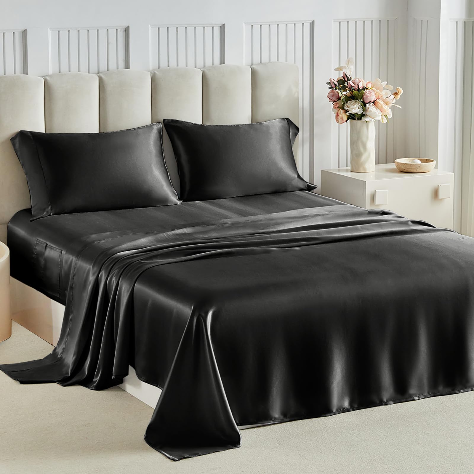 Draps de lit doux et soyeux en satin premium avec grands bonnets de 40cm
