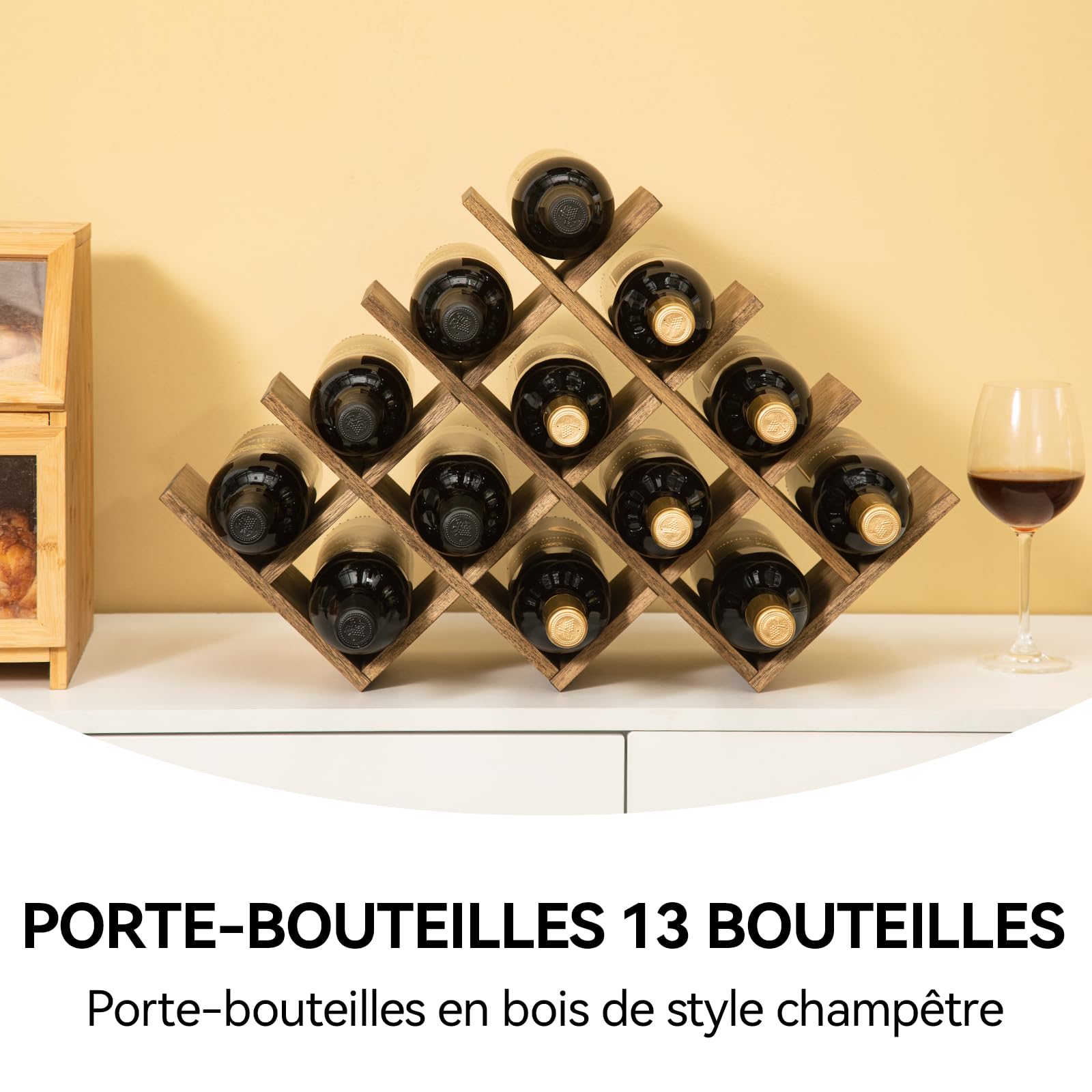 KIRIGEN Casier à vin, Porte-Bouteilles 13 Places, 56,6×15×36,5 cm, Brun | Bois massif travaillé à la main, finition à l’huile-cire, 4 étagères, montage par vis, tournevis non fourni.
