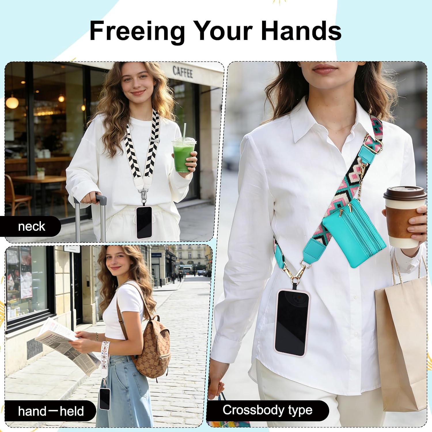 4Pcs Clip and Go Strap for Phone with Wallet Crossbody, Clip and Go Phone Strap with Wallet, Adjustable Crossbody Phone Strap with Zippered Pouch for Protecting Money and Cards