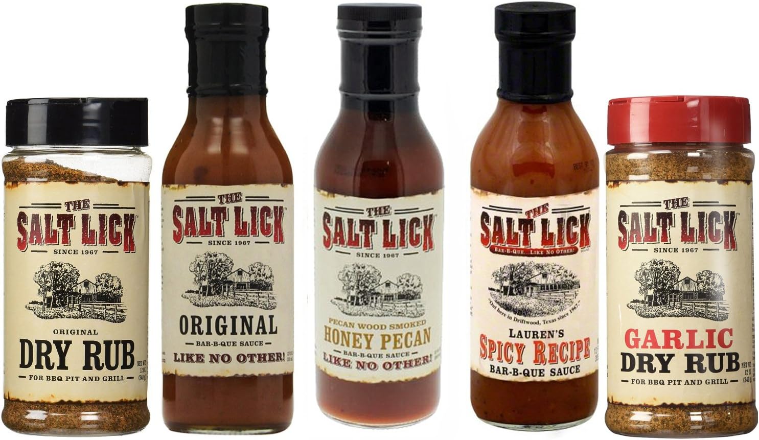 Salt Lick Favorites Assortment, one each of Original Dry Rub, Original Sauce, Honey Pecan Sauce, Lauren's Spicy Sauce and Garlic Dry Rub, 5 pack