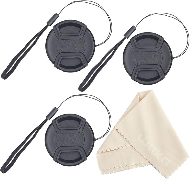 Unique Design Lens Cap Bundle, 3 Pcs 49mm Center Pinch Lens Cap and Cap Keeper Leash for Canon Nikon Sony DSLR Camera + Microfiber Cleaning Cloth 