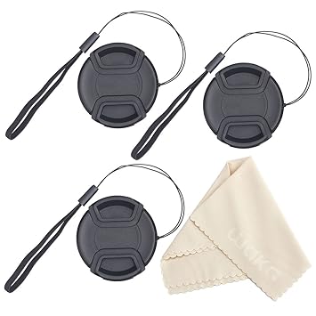 49mm Lens Cap Bundle, 3 Pcs Center Pinch Lens Cap and Cap Keeper Leash for Canon, Nikon, Sony and Other DSLR Camera Microfiber Lens Cleaning Cloth