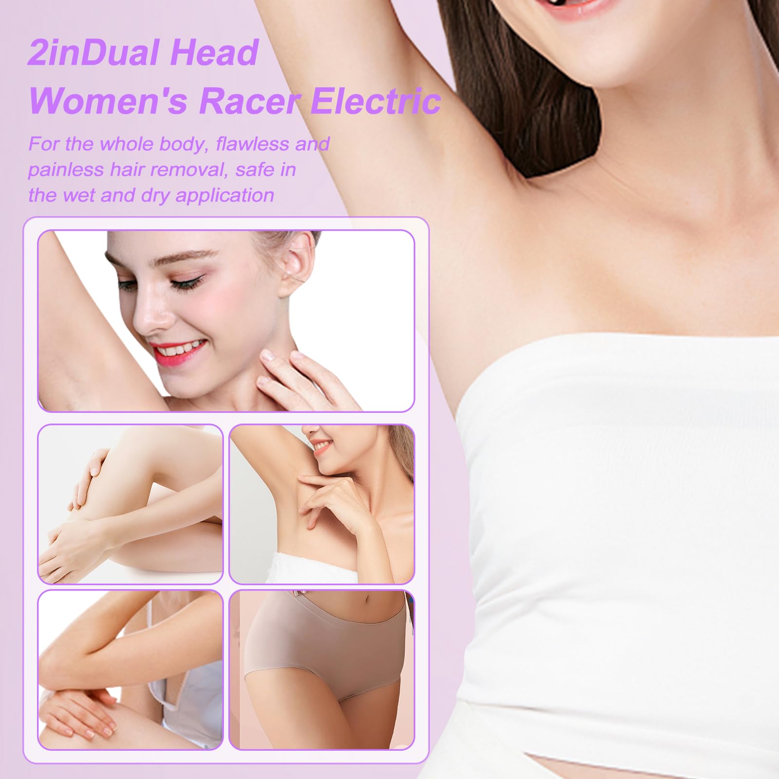 Rasoio Elettrico Donna, 2 in 1 IPX7 Rasoio Elettrico Intimo Donna, Depilazione Indolore Rasoio per Corpo Ascelle Gambe Bikini, Uso Bagnato e Asciutto(Viola)