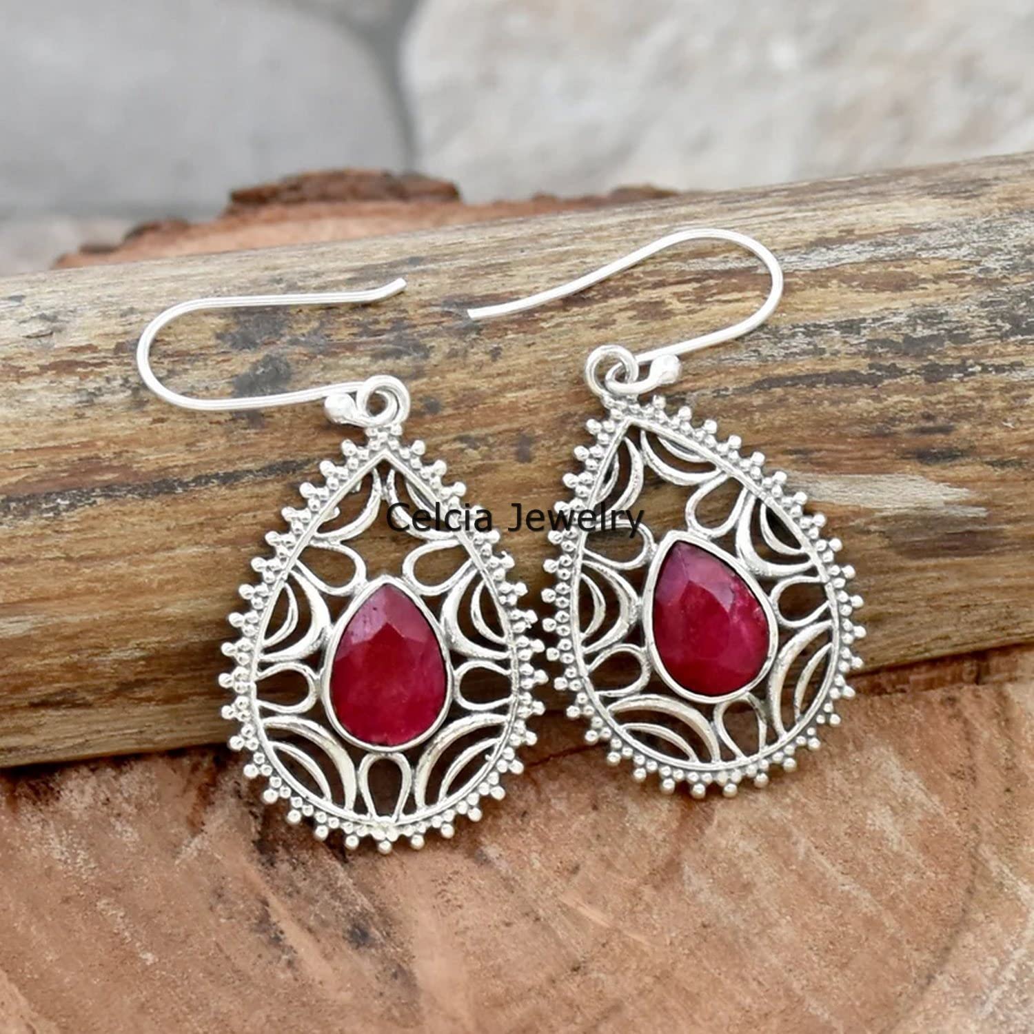 Orecchini pendenti a goccia in argento sterling puro 925 per le donne, orecchini con pietra preziosa rosa rubino naturale unici realizzati a mano con pietre di nascita di luglio per lei